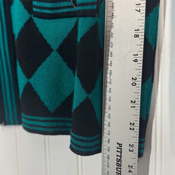 Vintage Adolfo Green Black Cardigan L Harlequin Diamond Sweater Zip Front Wool - Picture 6 of 8